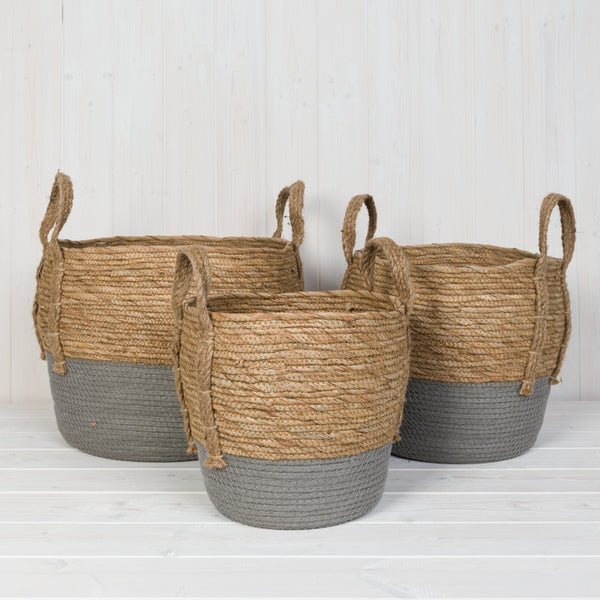 Set of 3 Straw Baskets With Grey Dipped Bottom L: TD35cm M: TD30cm S: TD24c
