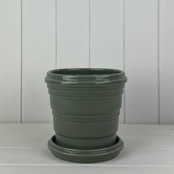 Sage Ribbed Ceramic Pot and Saucer