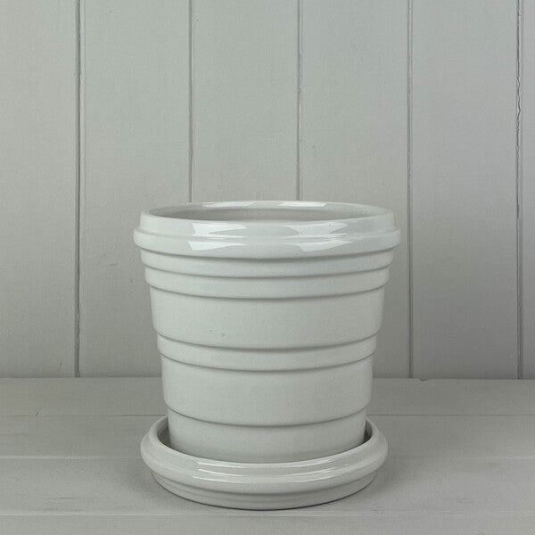 White Ribbed Ceramic Pot and Saucer TD15cm